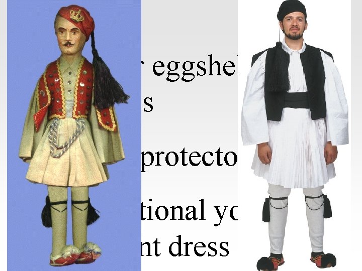 1. Lunar eggshell goggles 2. Brain protector 3. Traditional yolkresistant dress 