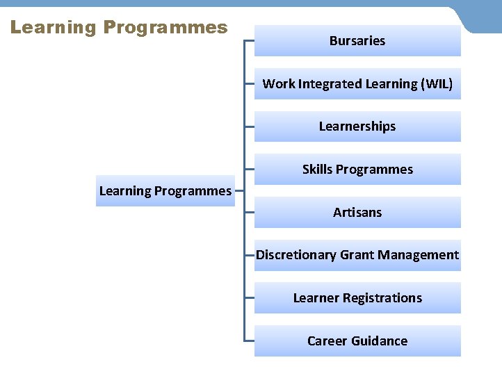 Learning Programmes Bursaries Work Integrated Learning (WIL) Learnerships Skills Programmes Learning Programmes Artisans Discretionary