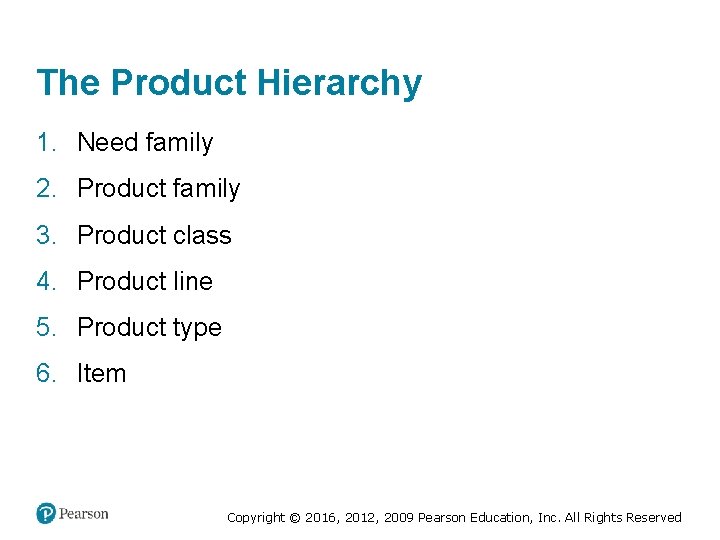 The Product Hierarchy 1. Need family 2. Product family 3. Product class 4. Product