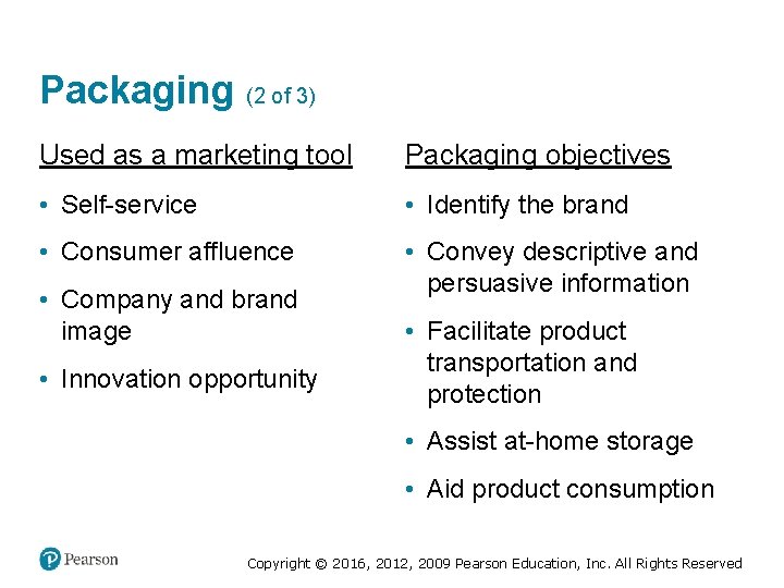 Packaging (2 of 3) Used as a marketing tool Packaging objectives • Self-service •