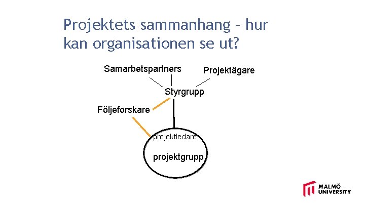 Projektets sammanhang – hur kan organisationen se ut? Samarbetspartners Projektägare Styrgrupp Följeforskare projektledare projektgrupp