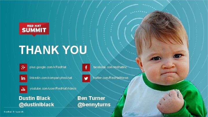 THANK YOU plus. google. com/+Red. Hat facebook. com/redhatinc linkedin. com/company/red-hat twitter. com/Red. Hat. News