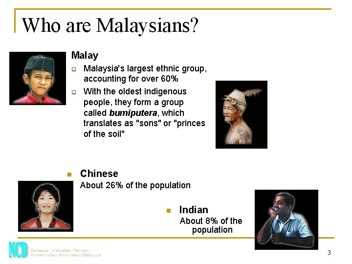 Who are Malaysians? n Malay q q n Malaysia's largest ethnic group, accounting for