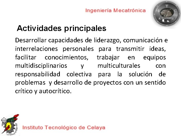 Actividades principales Desarrollar capacidades de liderazgo, comunicación e interrelaciones personales para transmitir ideas, facilitar