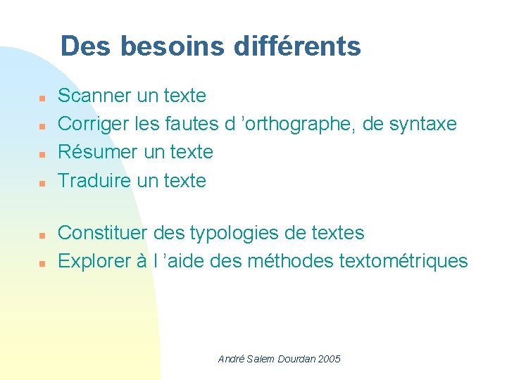 Des besoins différents n n n Scanner un texte Corriger les fautes d ’orthographe,