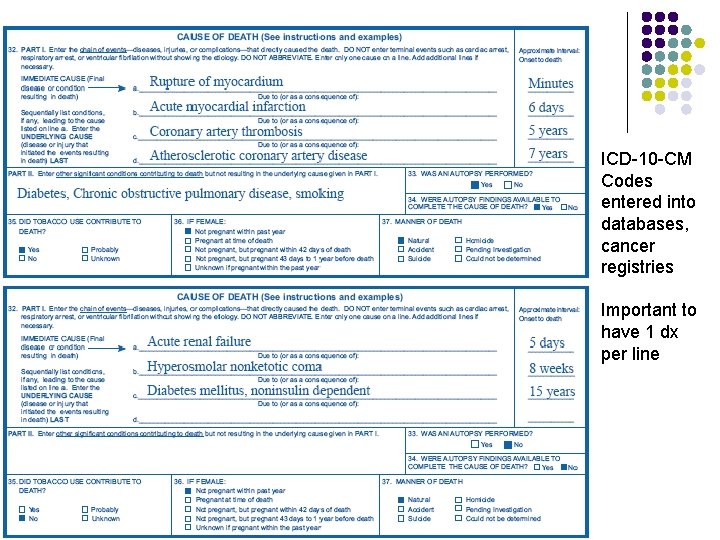 ICD-10 -CM Codes entered into databases, cancer registries Important to have 1 dx per