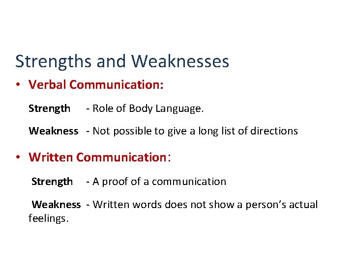 Strengths and Weaknesses • Verbal Communication: Strength - Role of Body Language. Weakness -