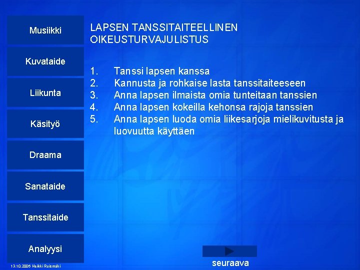 Musiikki Kuvataide Liikunta Käsityö LAPSEN TANSSITAITEELLINEN OIKEUSTURVAJULISTUS 1. 2. 3. 4. 5. Tanssi lapsen