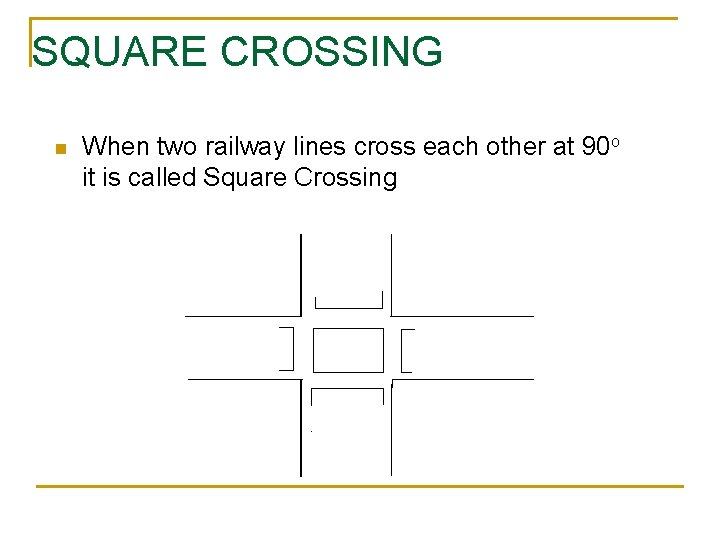 SQUARE CROSSING n When two railway lines cross each other at 90 o it