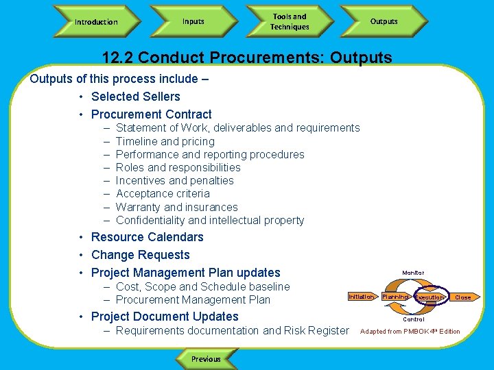 Introduction Inputs Tools and Techniques Outputs 12. 2 Conduct Procurements: Outputs of this process