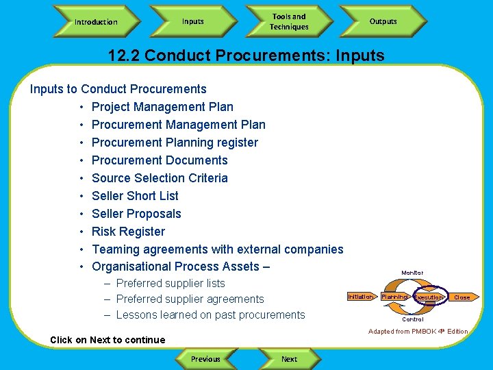 Introduction Inputs Tools and Techniques Outputs 12. 2 Conduct Procurements: Inputs to Conduct Procurements