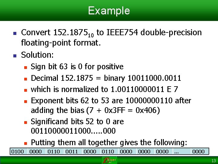 Example n n Convert 152. 187510 to IEEE 754 double-precision floating-point format. Solution: n