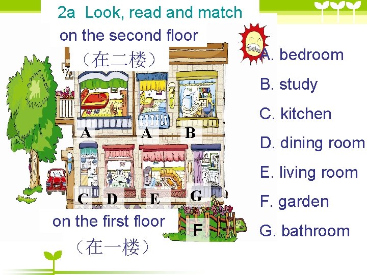 2 a Look, read and match on the second floor A. bedroom (在二楼) B. 2 a Look, read and match on the second floor A. bedroom (在二楼) B.