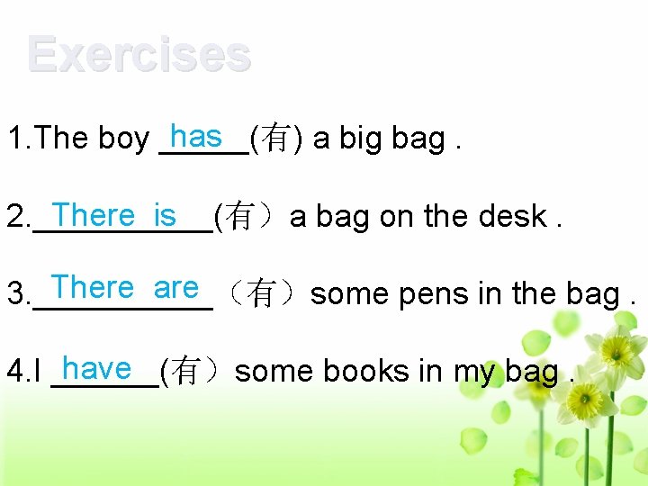 Exercises has 1. The boy _____(有) a big bag. There is 2. _____(有)a bag Exercises has 1. The boy _____(有) a big bag. There is 2. _____(有)a bag