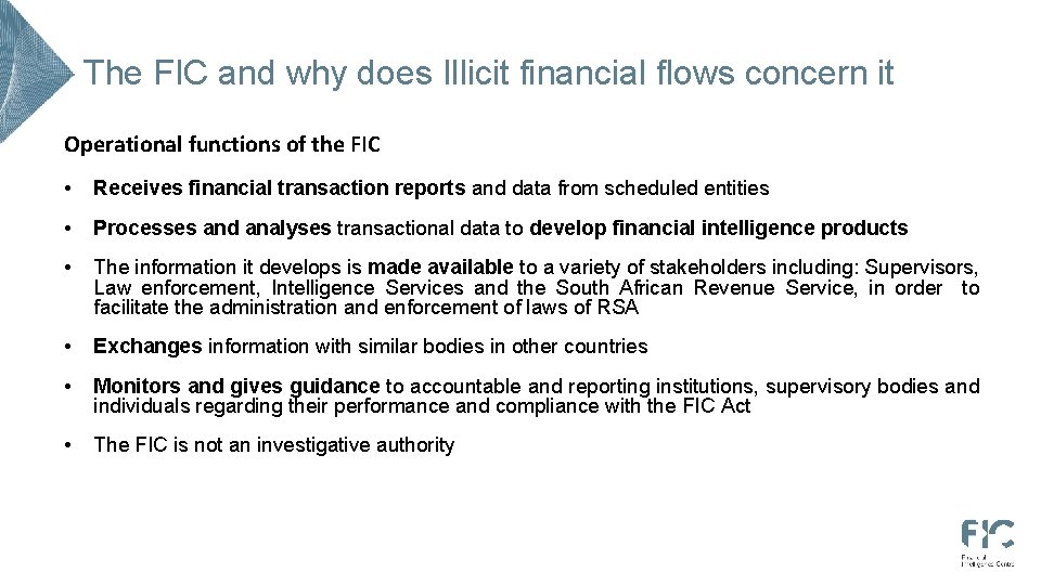 The FIC and why does Illicit financial flows concern it Operational functions of the