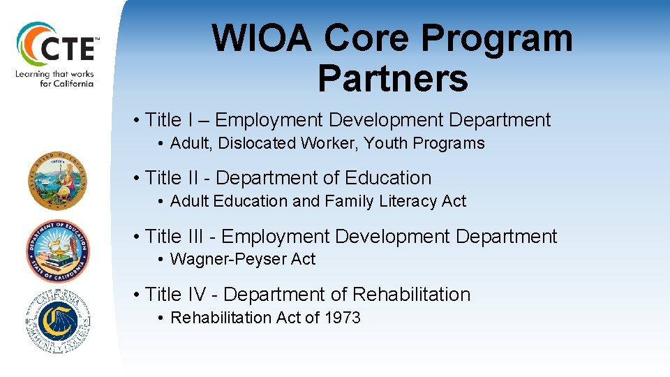 WIOA Core Program Partners • Title I – Employment Development Department • Adult, Dislocated
