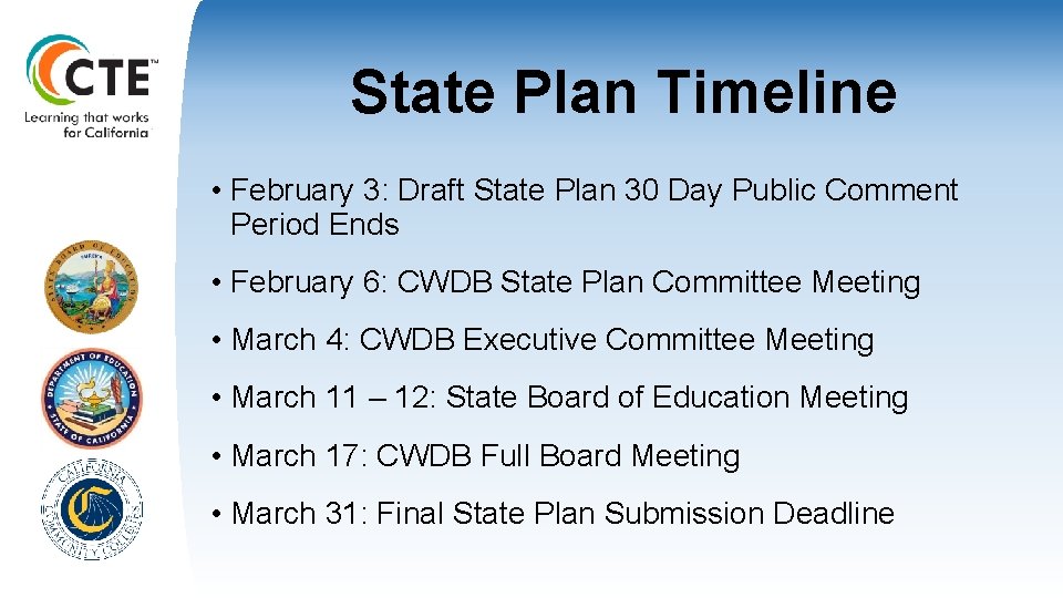 State Plan Timeline • February 3: Draft State Plan 30 Day Public Comment Period