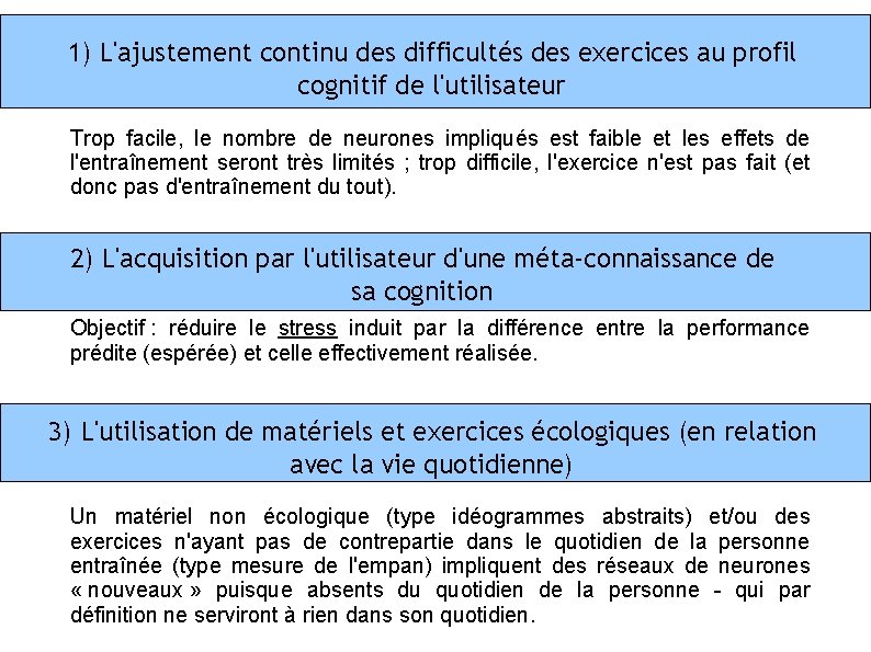 1) L'ajustement continu des difficultés des exercices au profil cognitif de l'utilisateur Trop facile,