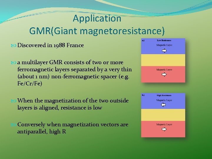 Application GMR(Giant magnetoresistance) Discovered in 1988 France a multilayer GMR consists of two or Application GMR(Giant magnetoresistance) Discovered in 1988 France a multilayer GMR consists of two or