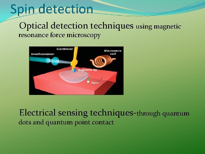 Spin detection Optical detection techniques using magnetic resonance force microscopy Electrical sensing techniques-through quantum Spin detection Optical detection techniques using magnetic resonance force microscopy Electrical sensing techniques-through quantum