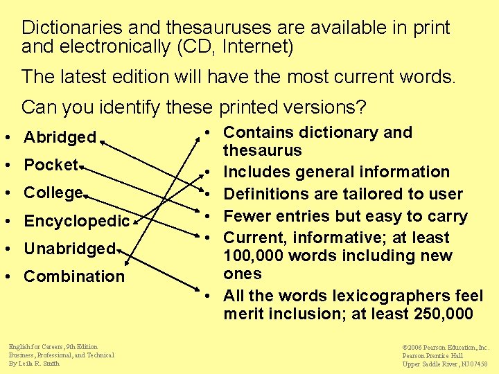 Dictionaries and thesauruses are available in print and electronically (CD, Internet) The latest edition