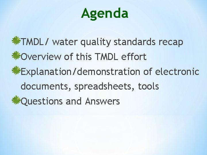 Agenda TMDL/ water quality standards recap Overview of this TMDL effort Explanation/demonstration of electronic