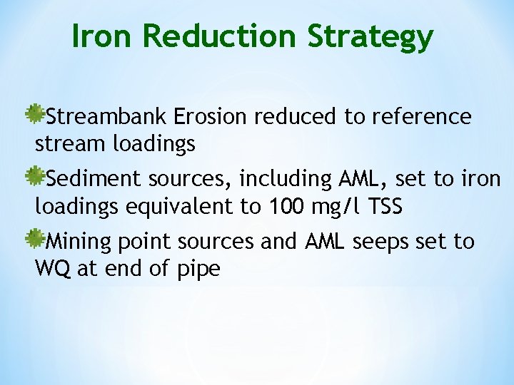 Iron Reduction Strategy Streambank Erosion reduced to reference stream loadings Sediment sources, including AML,