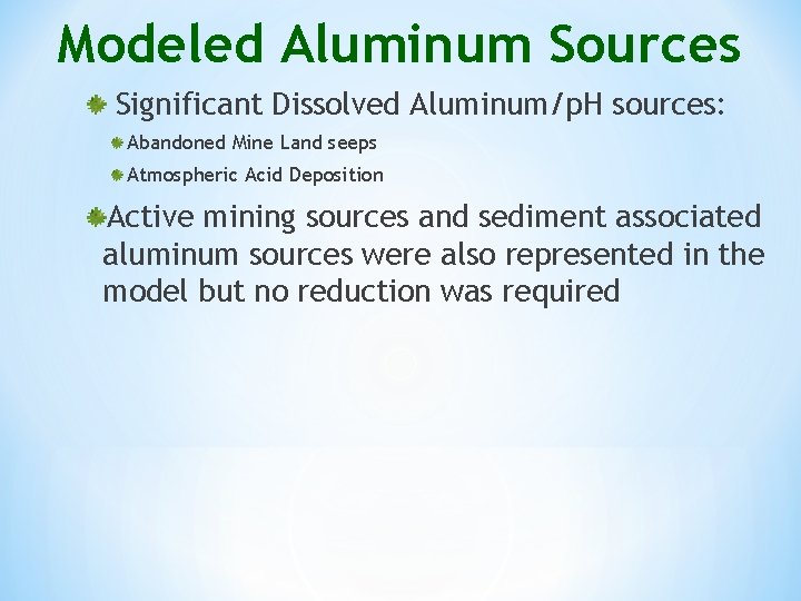 Modeled Aluminum Sources Significant Dissolved Aluminum/p. H sources: Abandoned Mine Land seeps Atmospheric Acid