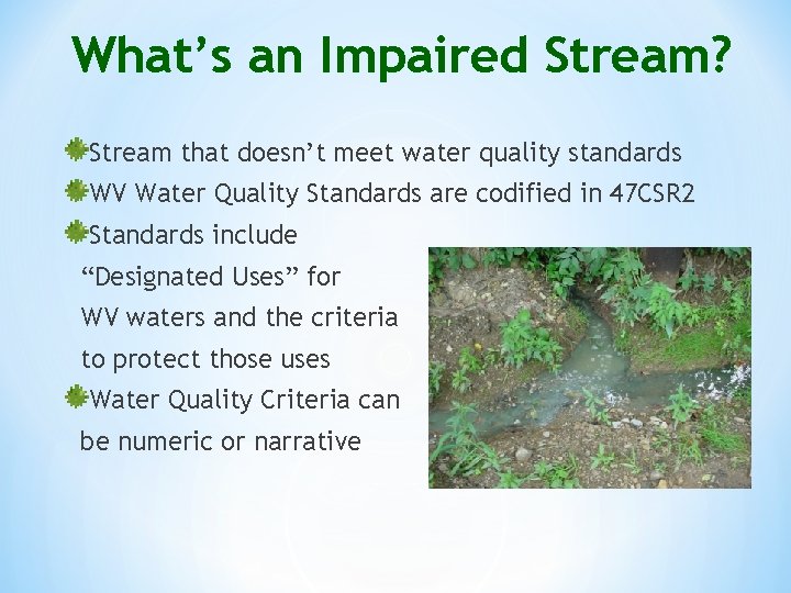 What’s an Impaired Stream? Stream that doesn’t meet water quality standards WV Water Quality