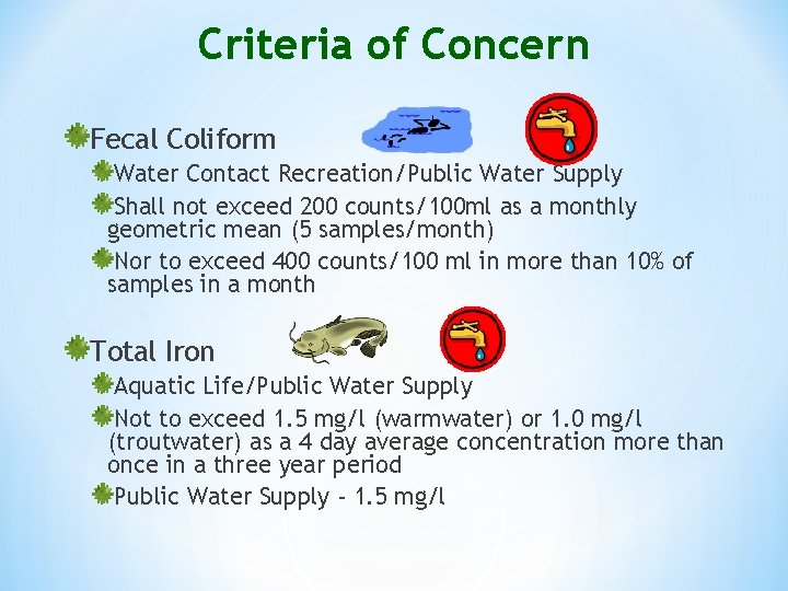 Criteria of Concern Fecal Coliform Water Contact Recreation/Public Water Supply Shall not exceed 200