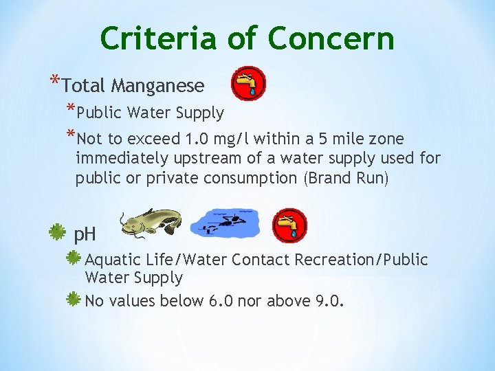 Criteria of Concern *Total Manganese *Public Water Supply *Not to exceed 1. 0 mg/l