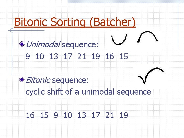 Bitonic Sorting (Batcher) Unimodal sequence: 9 10 13 17 21 19 16 15 Bitonic