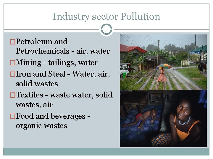 Industry sector Pollution �Petroleum and Petrochemicals - air, water �Mining - tailings, water �Iron