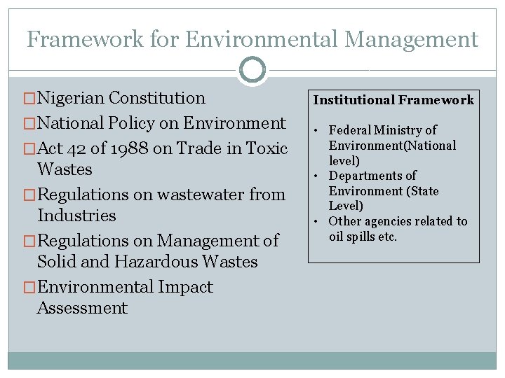 Framework for Environmental Management �Nigerian Constitution �National Policy on Environment �Act 42 of 1988