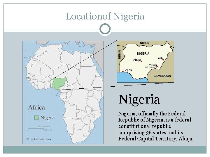 Locationof Nigeria, officially the Federal Republic of Nigeria, is a federal constitutional republic comprising