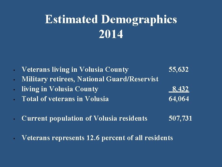 Estimated Demographics 2014 55, 632 • Veterans living in Volusia County Military retirees, National