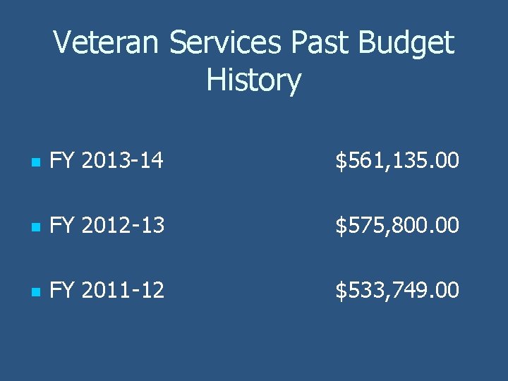 Veteran Services Past Budget History n FY 2013 -14 $561, 135. 00 n FY