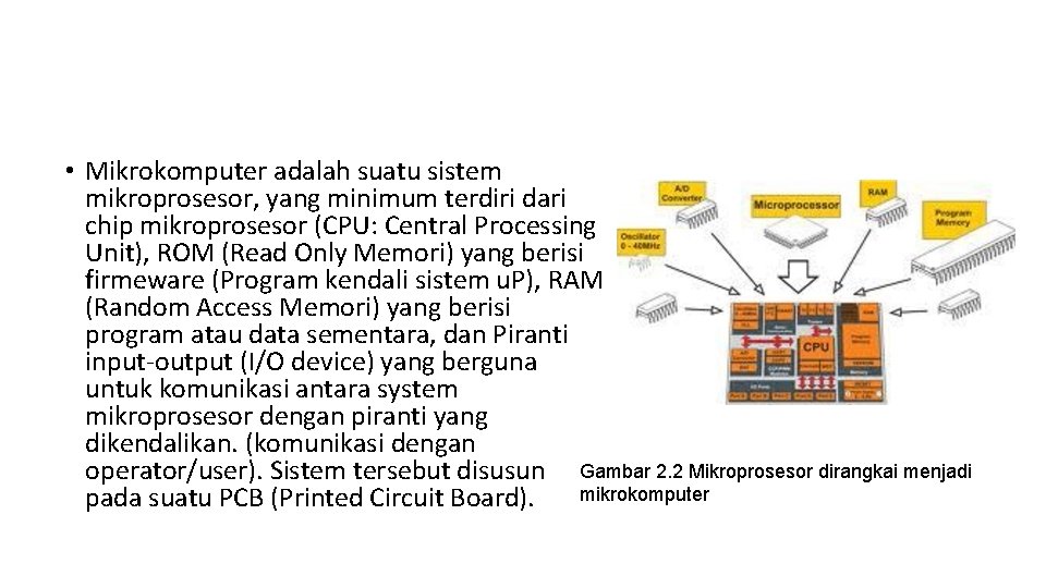 • Mikrokomputer adalah suatu sistem mikroprosesor, yang minimum terdiri dari chip mikroprosesor (CPU: • Mikrokomputer adalah suatu sistem mikroprosesor, yang minimum terdiri dari chip mikroprosesor (CPU: