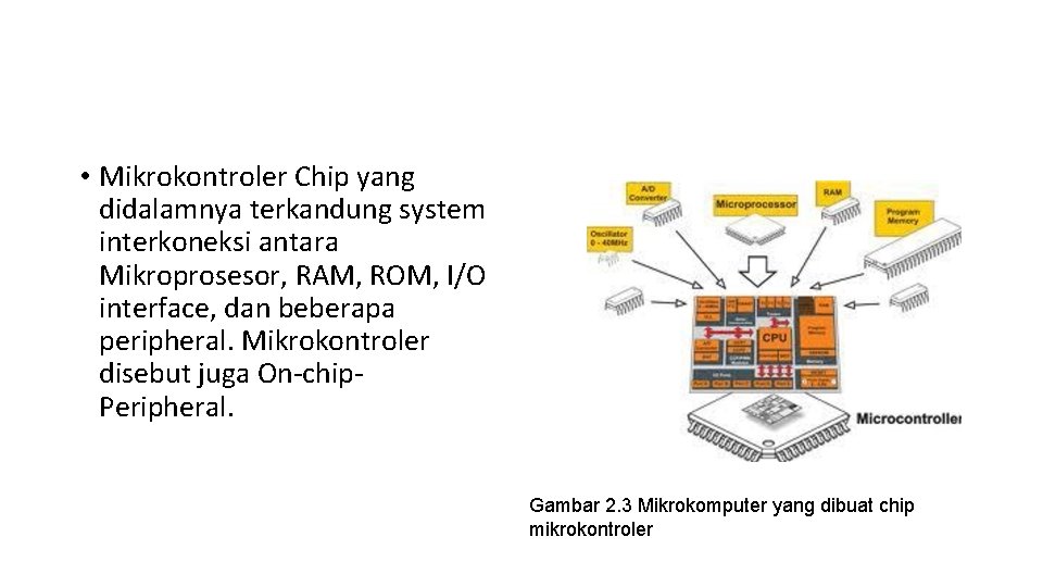 • Mikrokontroler Chip yang didalamnya terkandung system interkoneksi antara Mikroprosesor, RAM, ROM, I/O • Mikrokontroler Chip yang didalamnya terkandung system interkoneksi antara Mikroprosesor, RAM, ROM, I/O