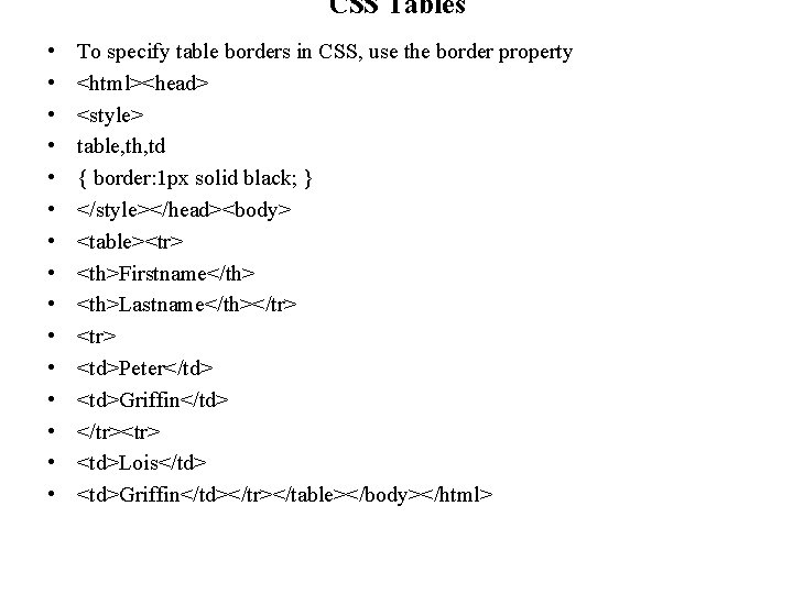 CSS Tables • • • • To specify table borders in CSS, use the