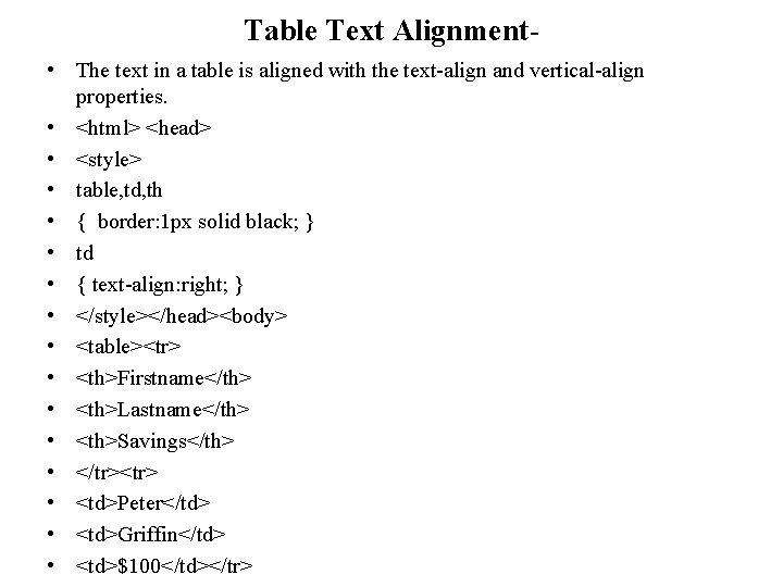 Table Text Alignment • The text in a table is aligned with the text-align