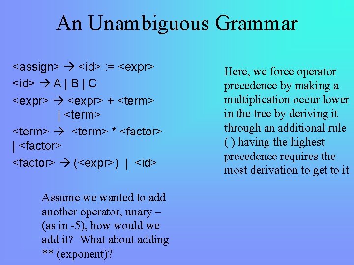 An Unambiguous Grammar <assign> <id> : = <expr> <id> A | B | C