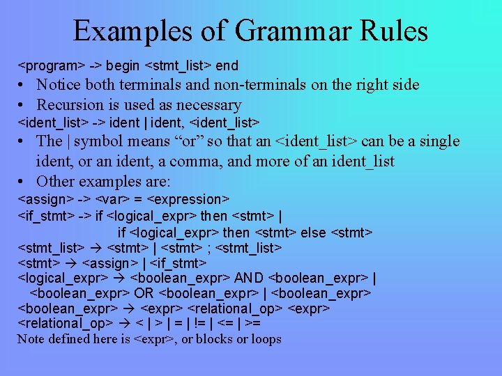 Examples of Grammar Rules <program> -> begin <stmt_list> end • Notice both terminals and