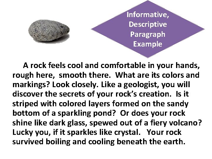 Informative, Descriptive Paragraph Example A rock feels cool and comfortable in your hands, rough