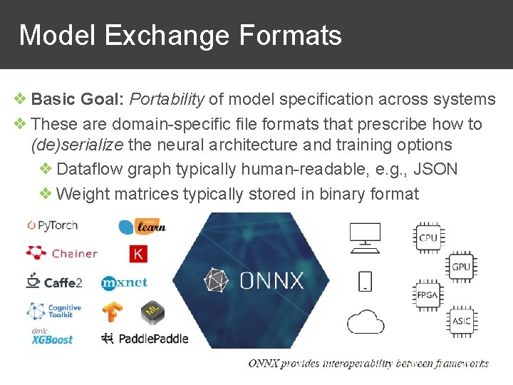 Model Exchange Formats ❖ Basic Goal: Portability of model specification across systems ❖ These