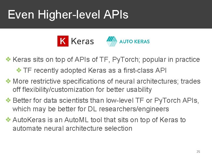 Even Higher-level APIs ❖ Keras sits on top of APIs of TF, Py. Torch;