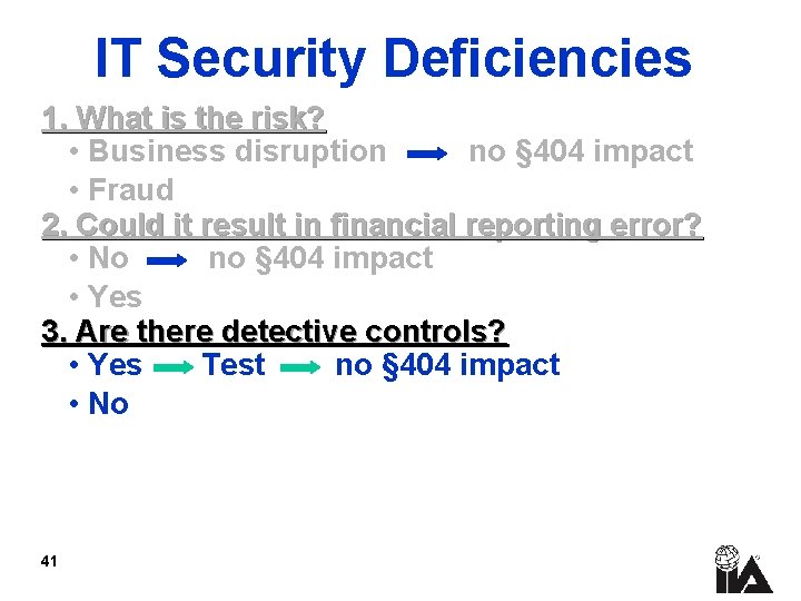 IT Security Deficiencies 1. What is the risk? • Business disruption no § 404