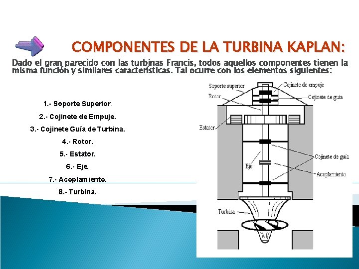 COMPONENTES DE LA TURBINA KAPLAN: Dado el gran parecido con las turbinas Francis, todos