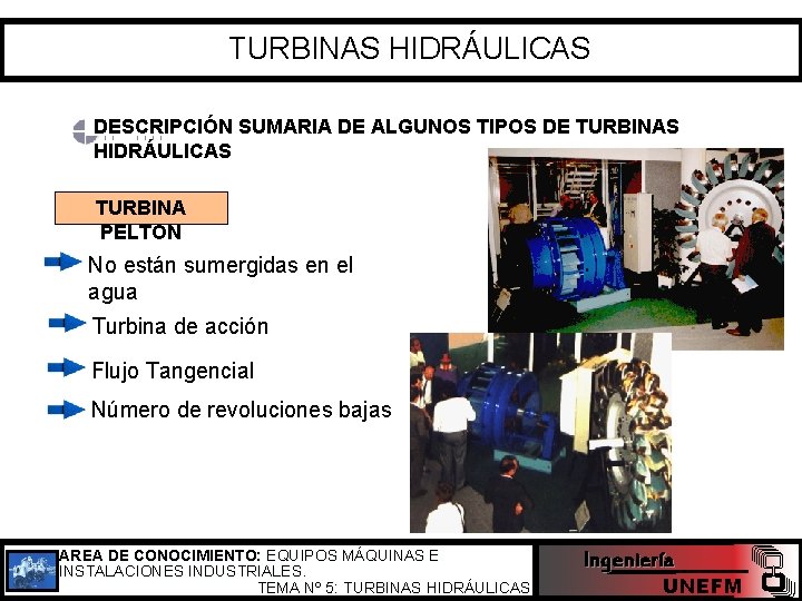 TURBINAS HIDRÁULICAS DESCRIPCIÓN SUMARIA DE ALGUNOS TIPOS DE TURBINAS HIDRÁULICAS TURBINA PELTON No están