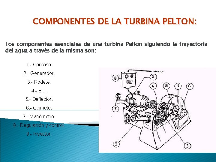 COMPONENTES DE LA TURBINA PELTON: Los componentes esenciales de una turbina Pelton siguiendo la